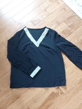 SHEIN Black V-Neck Blouse with Silver Sequin Trim